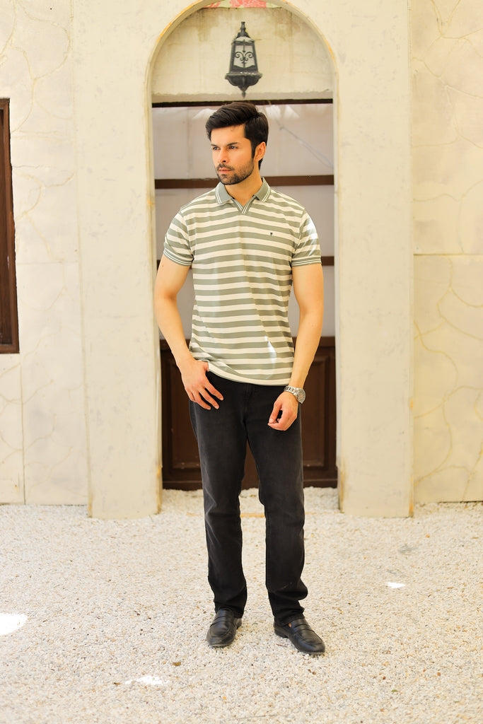 Men’s Sage Green Linear Johnny Collar Polo