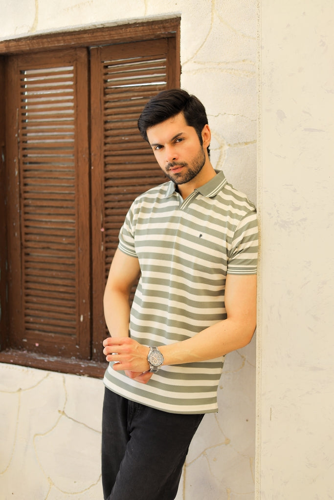 Men’s Sage Green Linear Johnny Collar Polo