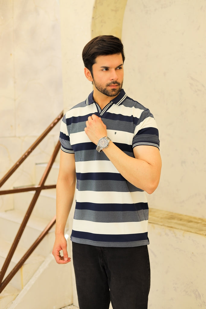 Men’s Nautical Multi-Stripe Johnny Collar Polo
