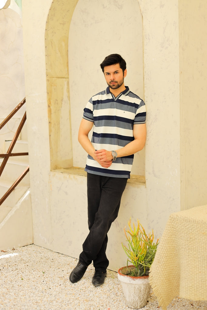 Men’s Nautical Multi-Stripe Johnny Collar Polo
