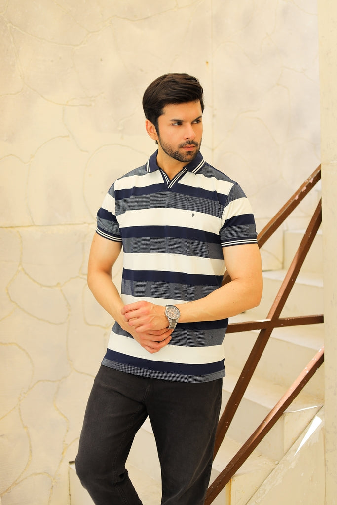 Men’s Nautical Multi-Stripe Johnny Collar Polo