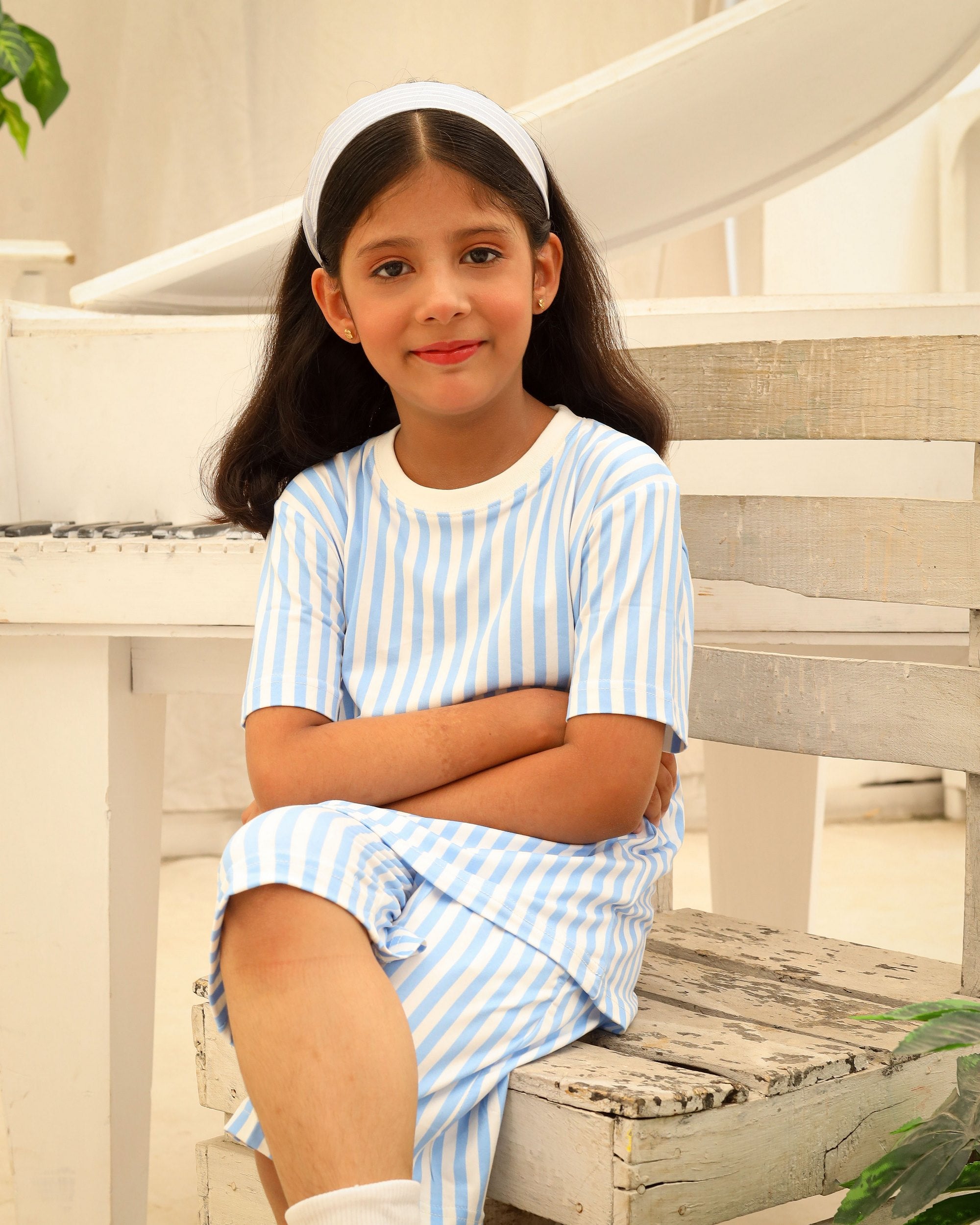 Blue &  White Striped Girls Co-Ord Set