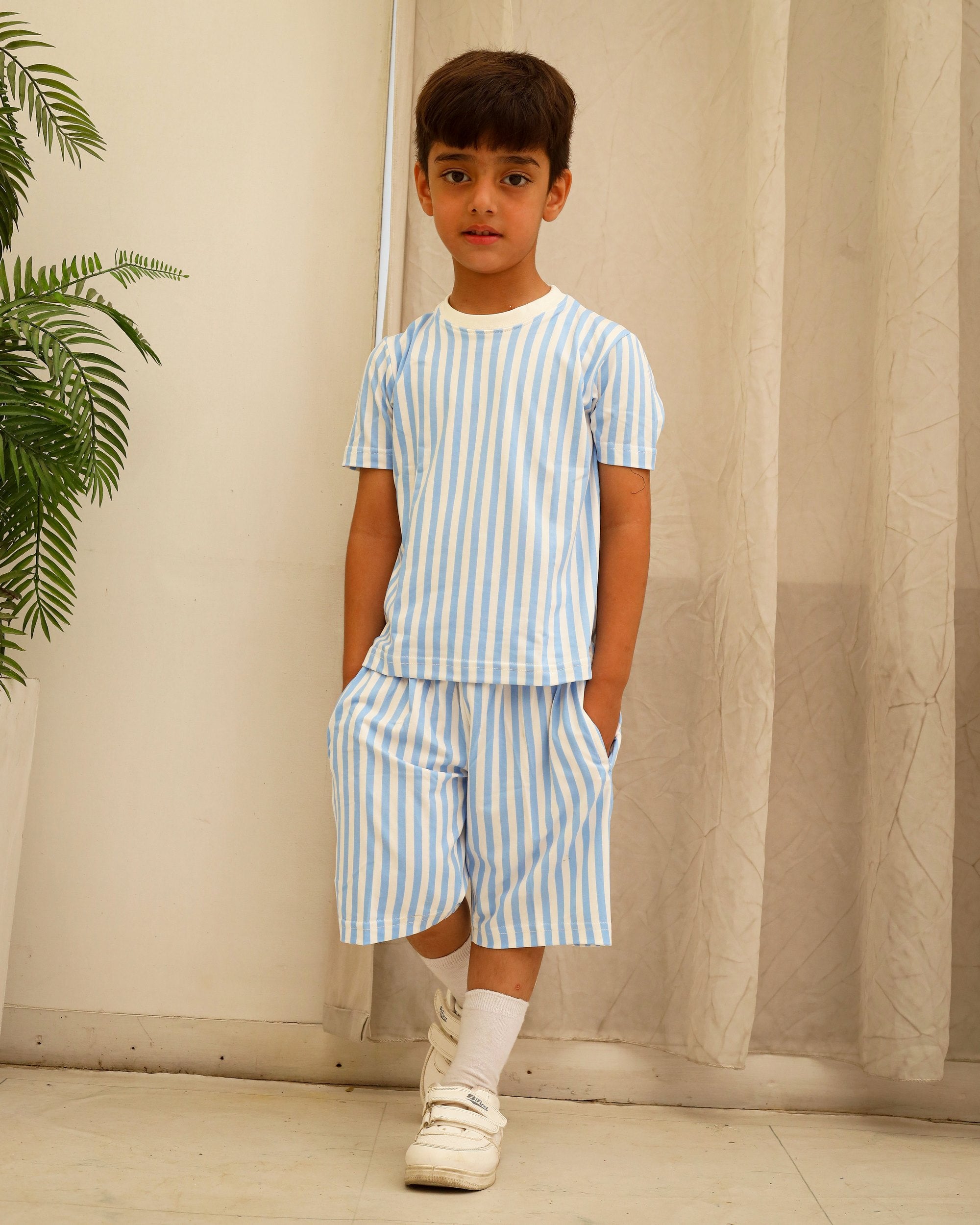 Blue & White Striped Boys Co-Ord Set