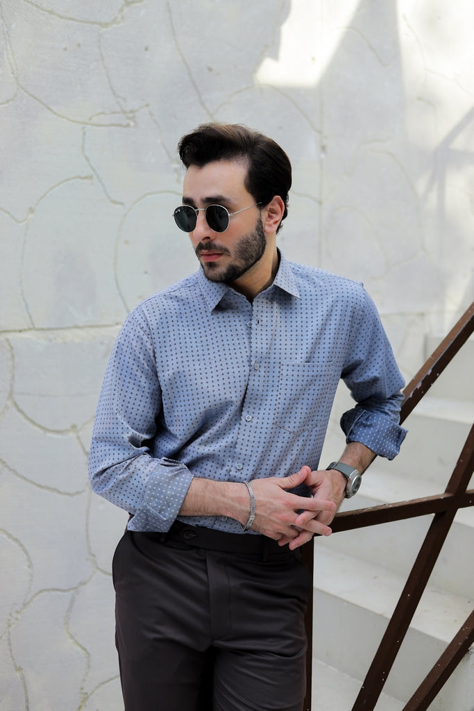 Men’s Slate Blue Micro-Geometric Formal Shirt