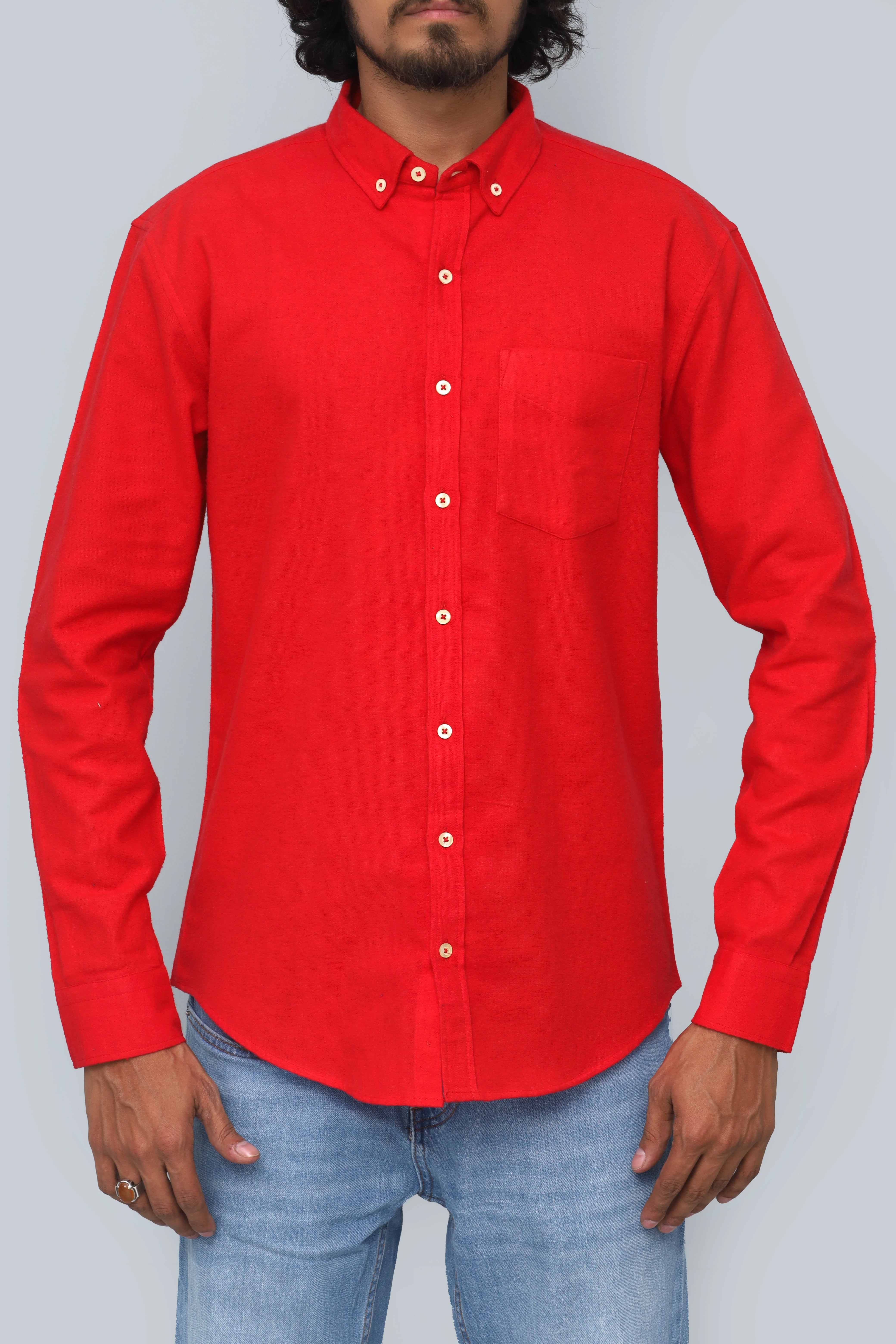 Men's Solid Red Button-Down Casual Shirt