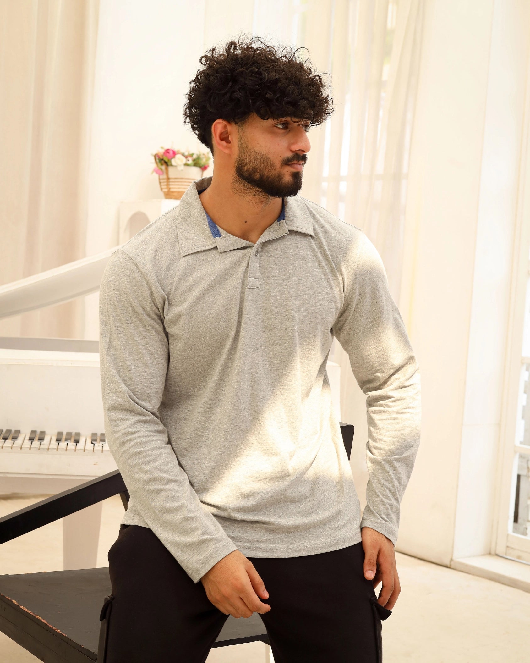 Men’s Light Grey Long Sleeve Polo Shirt