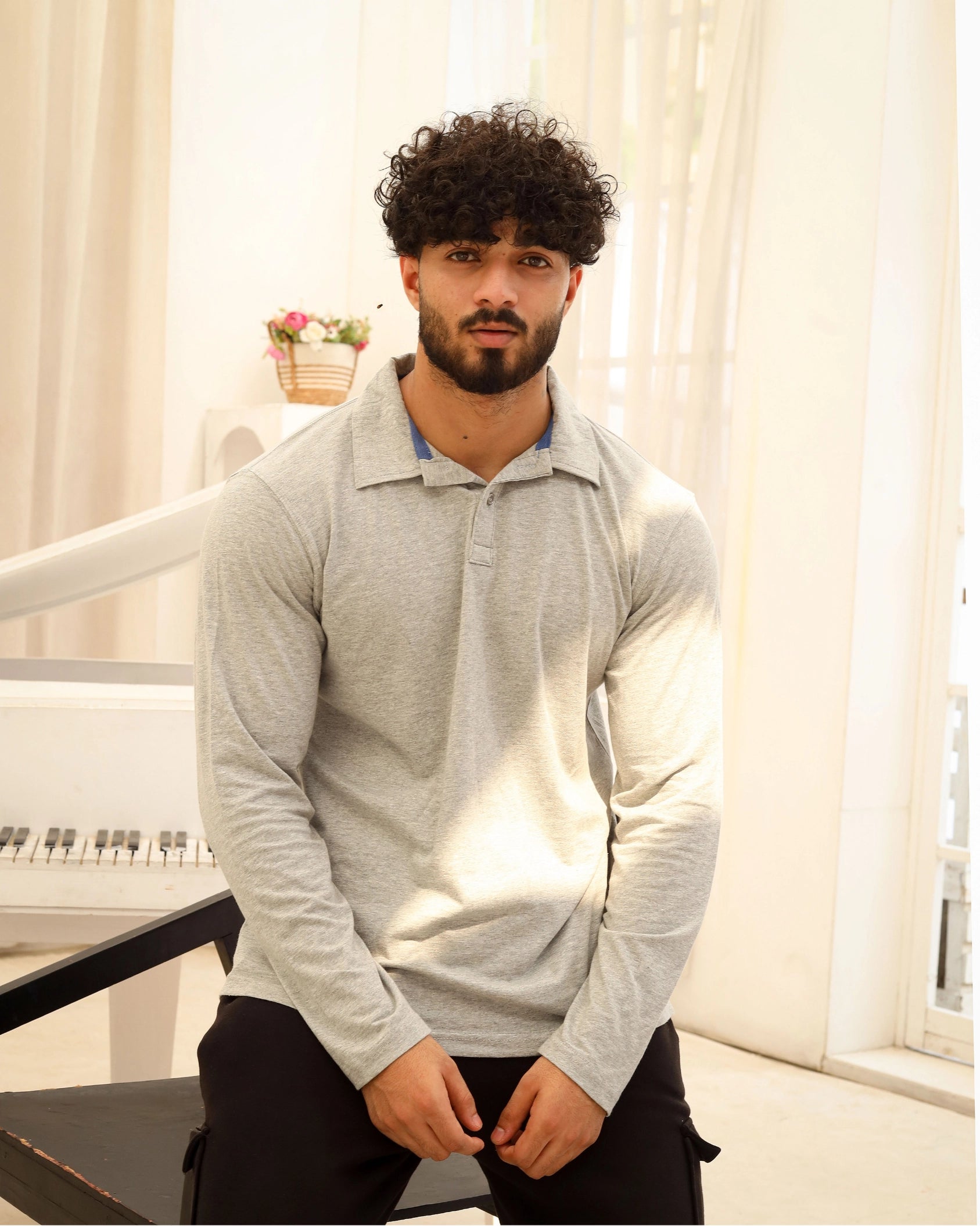 Men’s Light Grey Long Sleeve Polo Shirt