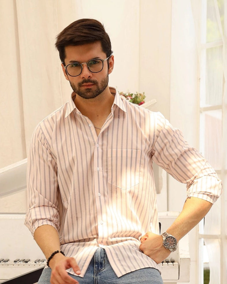 Men’s White & Light Pink Vertical Striped Casual Shirt