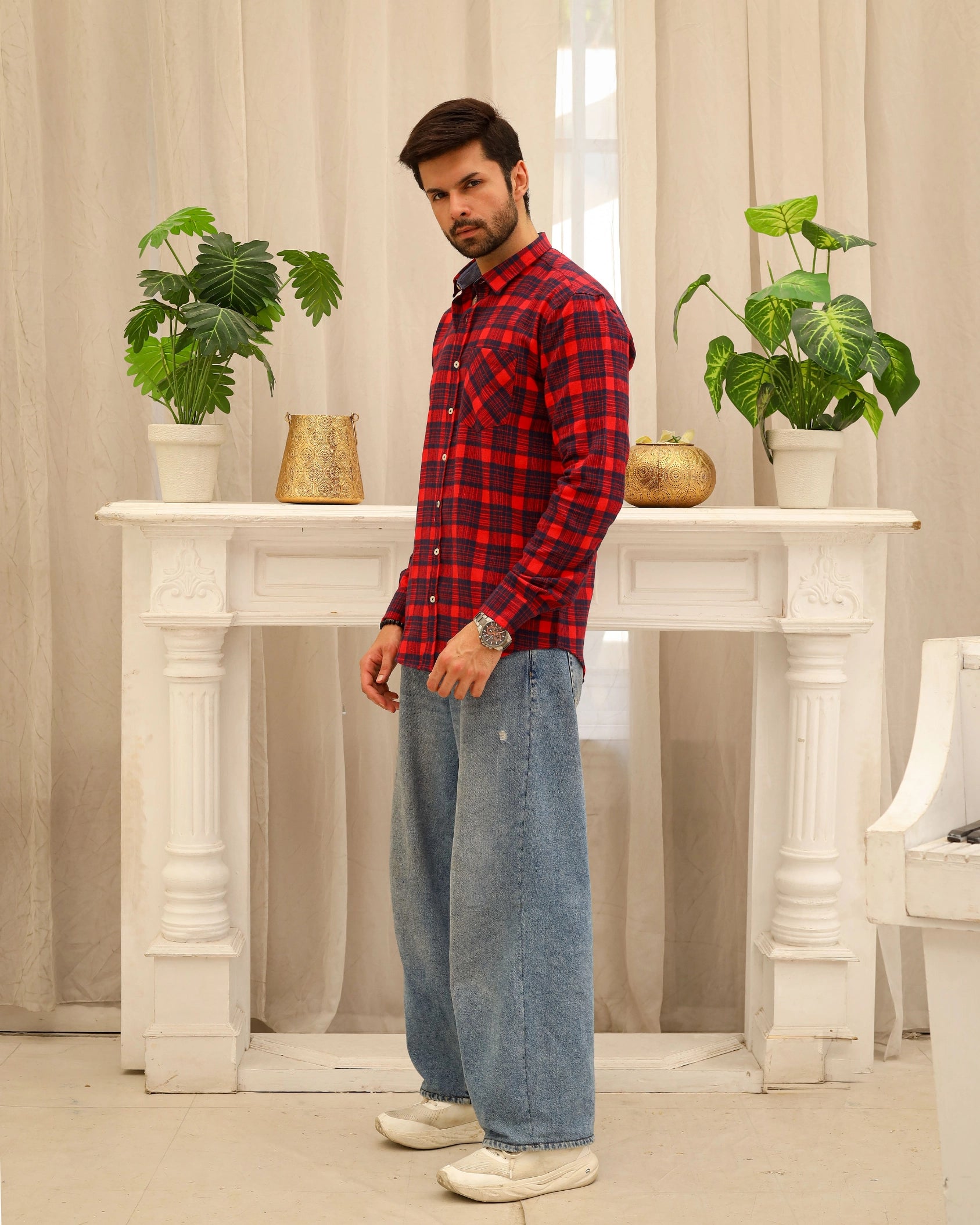 Men’s Red & Navy Blue Flannel Shirt