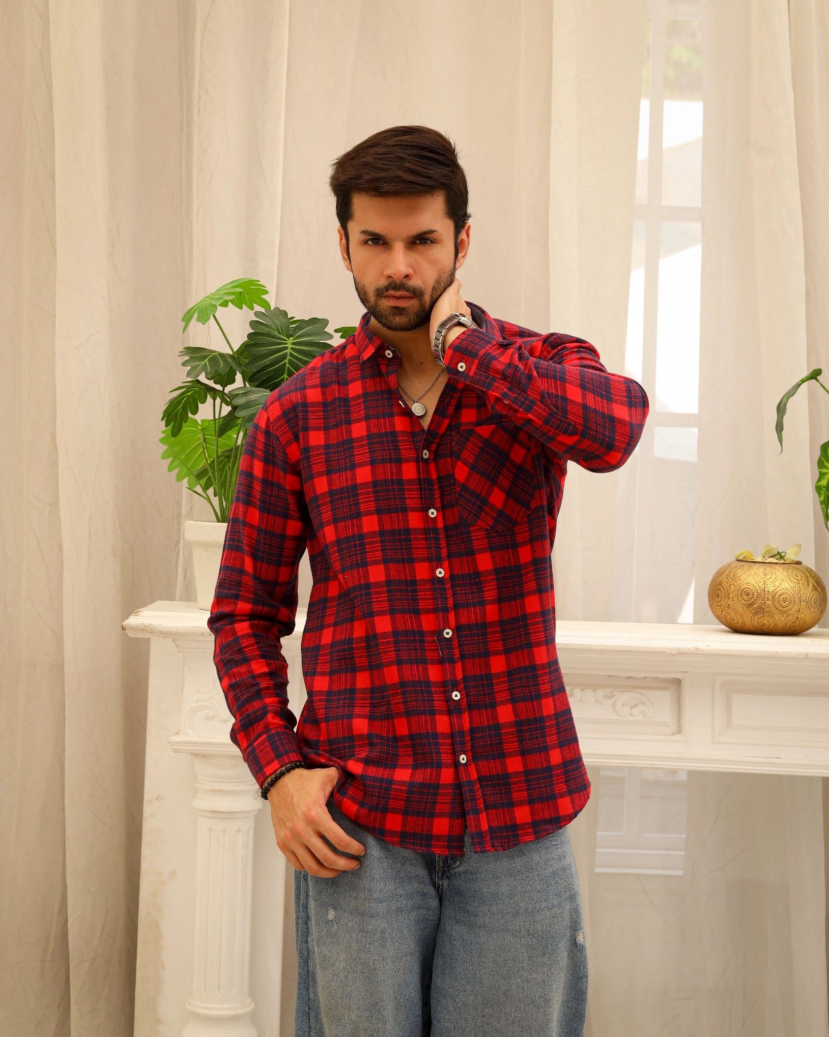 Men’s Red & Navy Blue Flannel Shirt