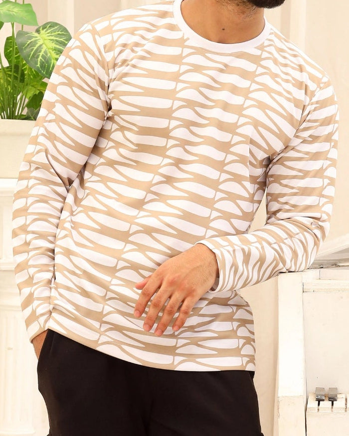 Men’s Beige & White Printed Full-Sleeve T-Shirt