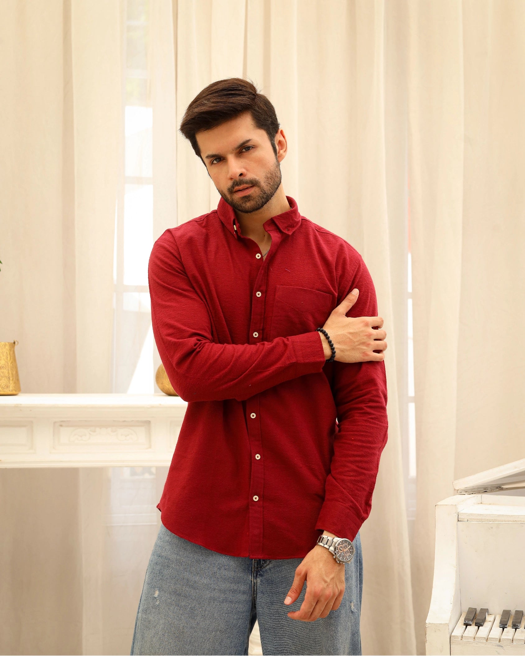 Men’s Red Solid Flannel Shirt