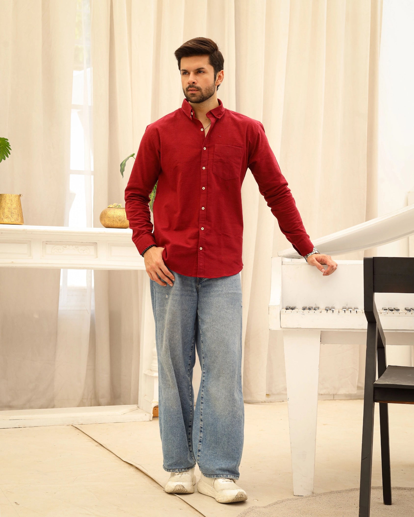 Men’s Red Solid Flannel Shirt
