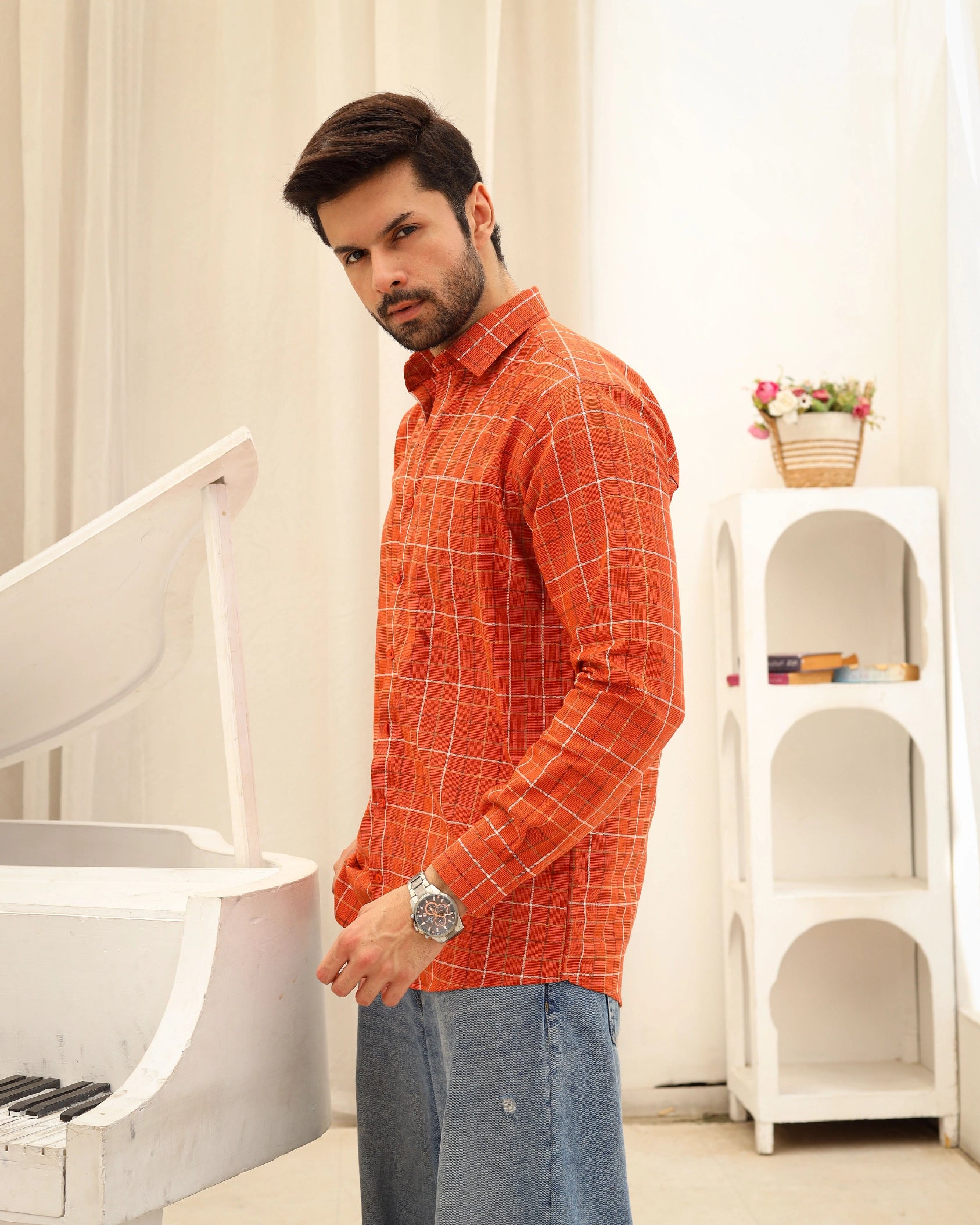 Men’s Rust Orange Checkered Casual Shirt