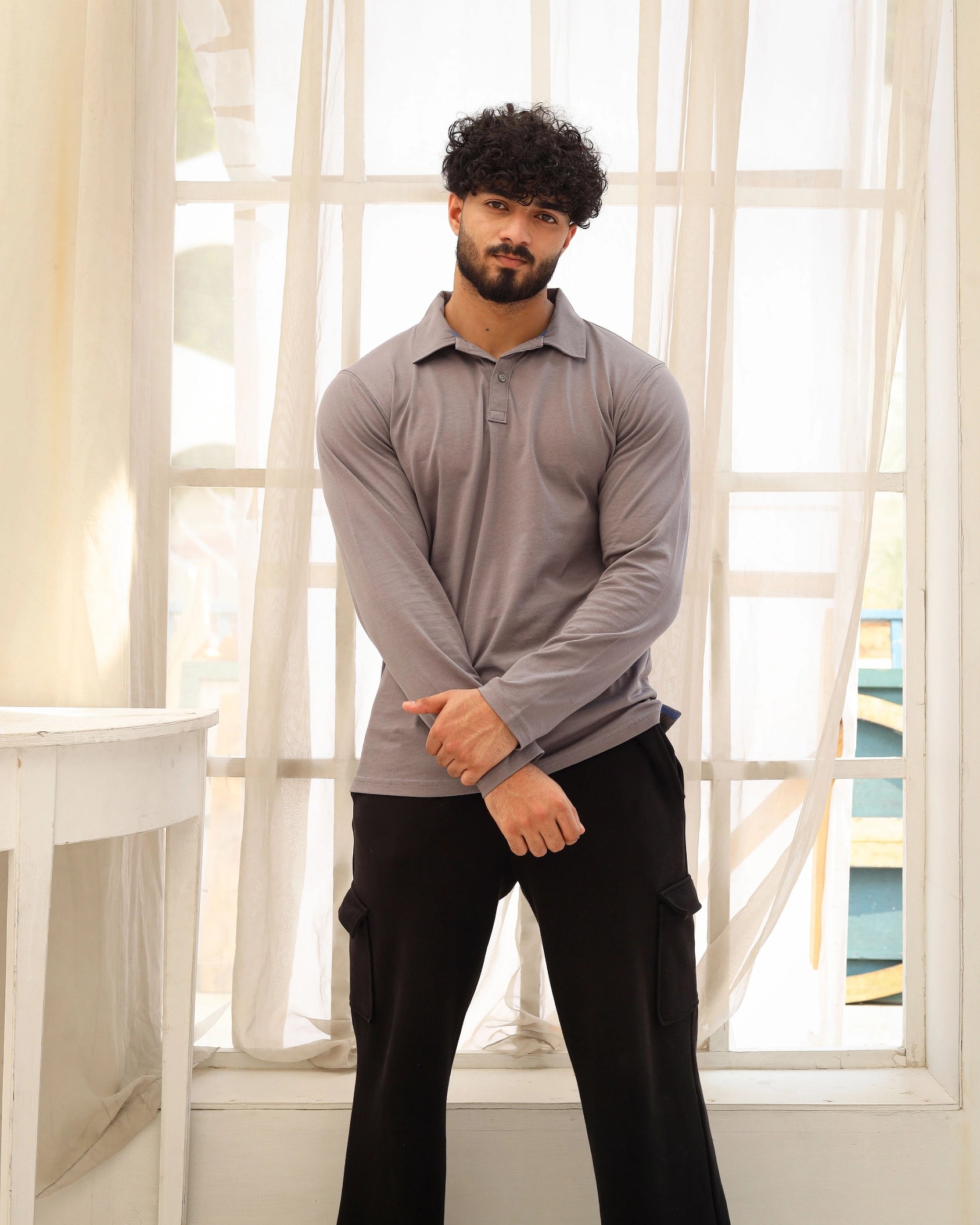 Men’s Grey Long Sleeve Polo T-Shirt