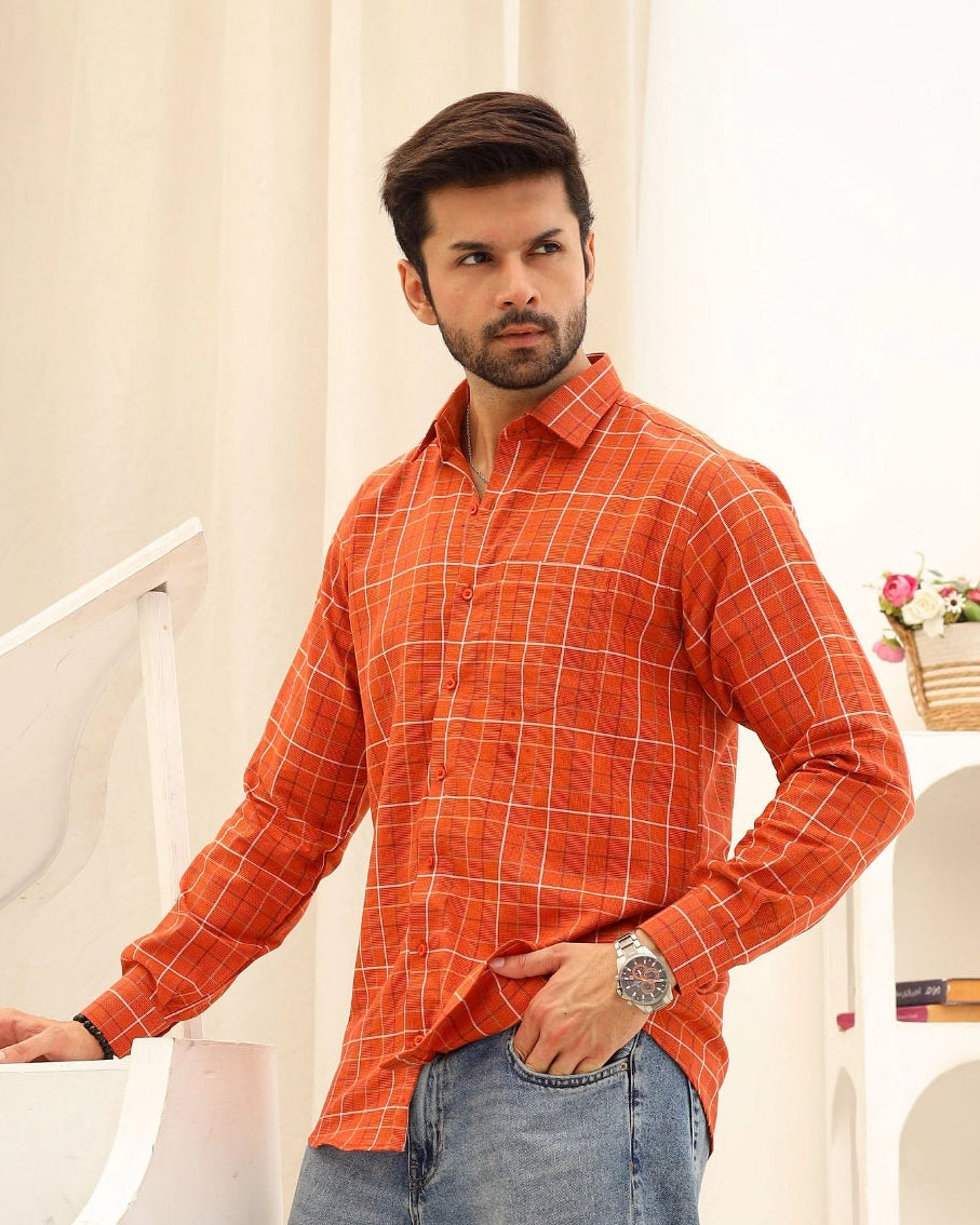 Men’s Rust Orange Checkered Casual Shirt
