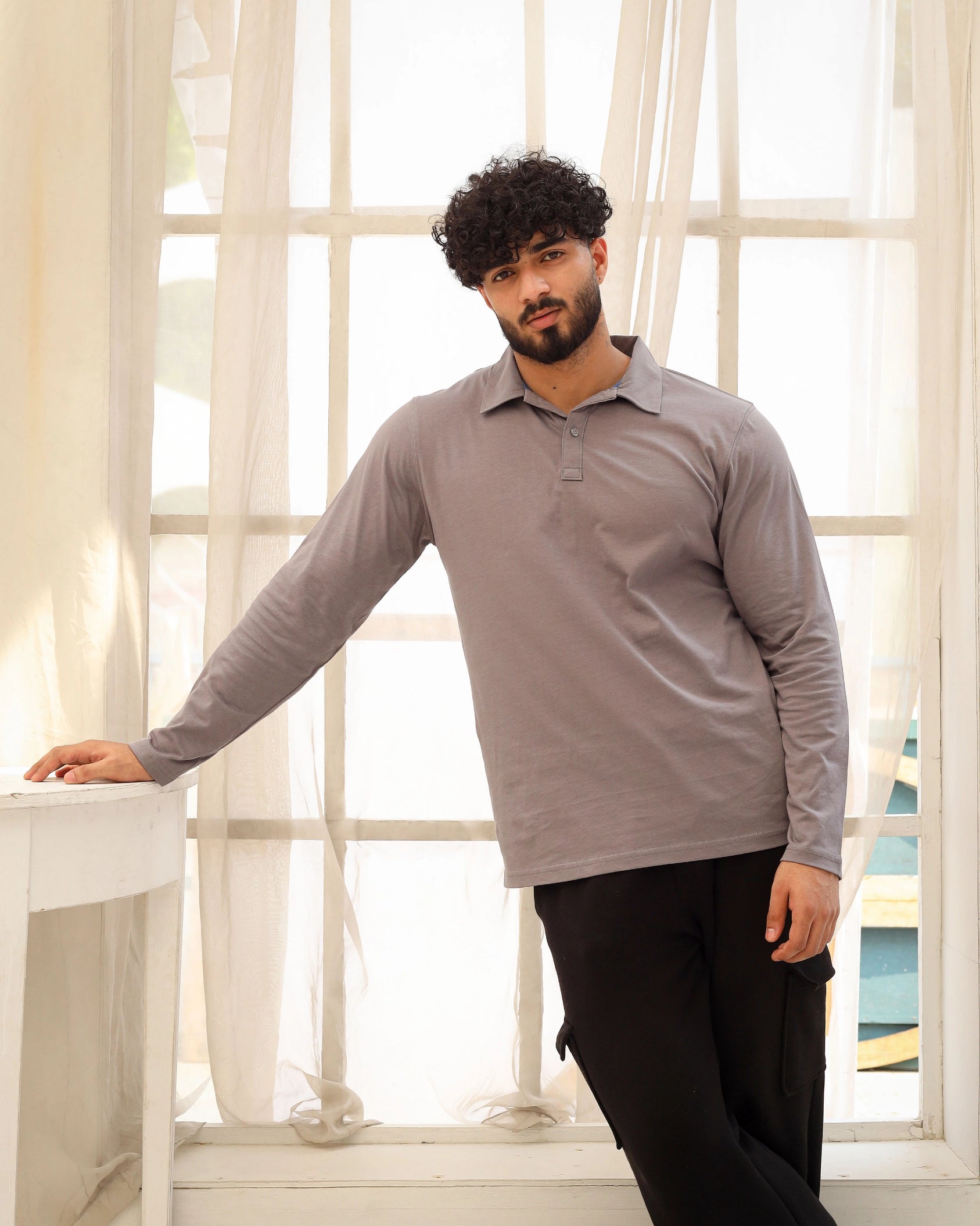 Men’s Grey Long Sleeve Polo T-Shirt