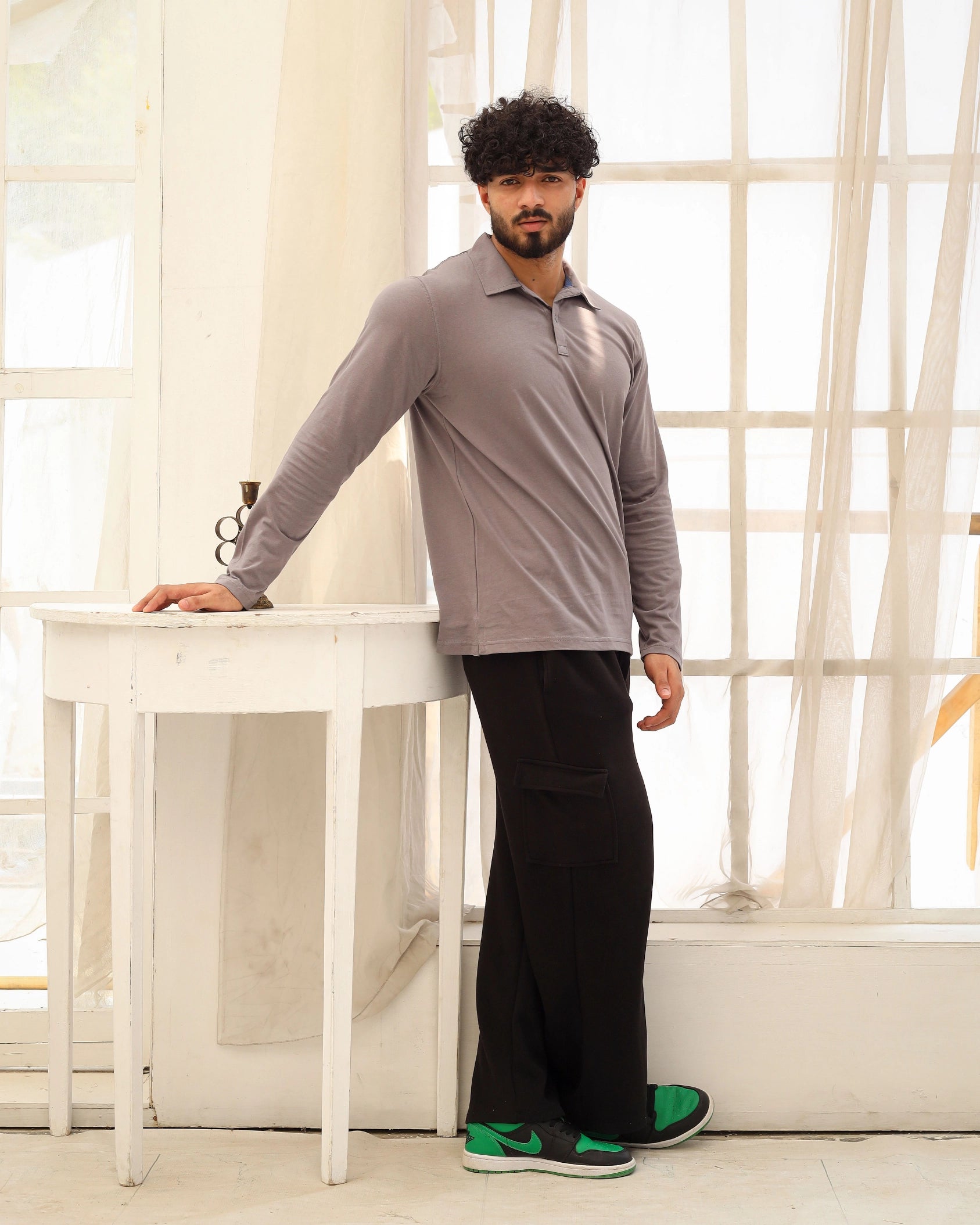 Men’s Grey Long Sleeve Polo T-Shirt