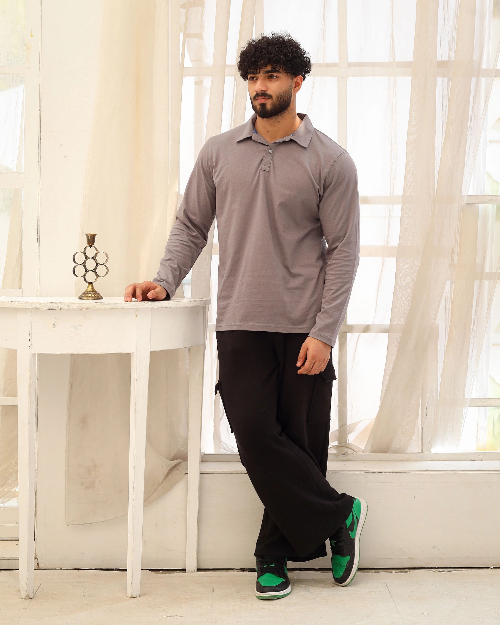Men’s Grey Long Sleeve Polo T-Shirt