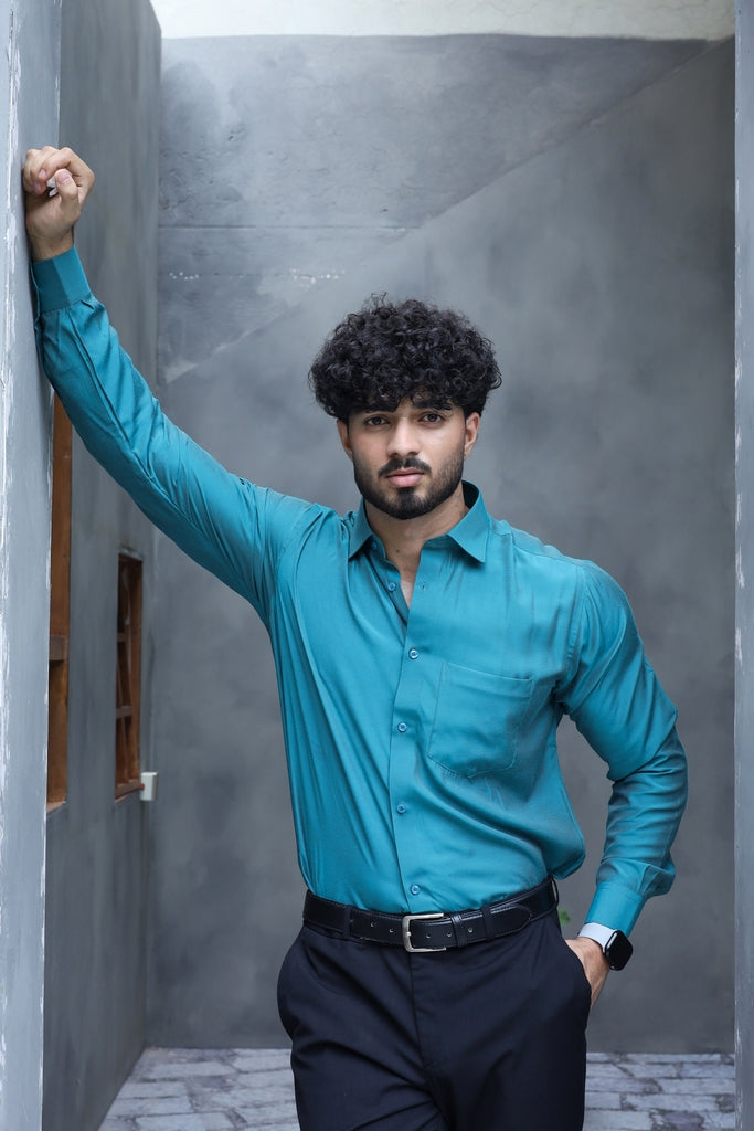 Men’s Teal Green Textured Silk-Blend Formal Shirt