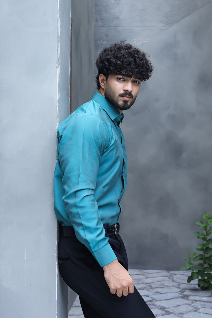 Men’s Teal Green Textured Silk-Blend Formal Shirt