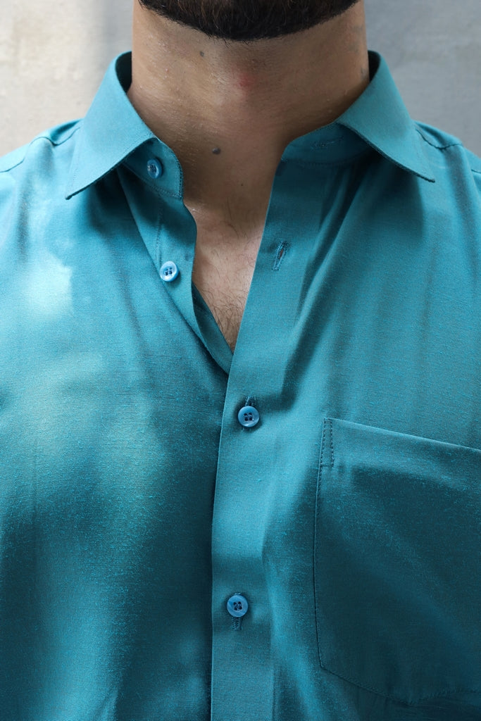 Men’s Teal Green Textured Silk-Blend Formal Shirt