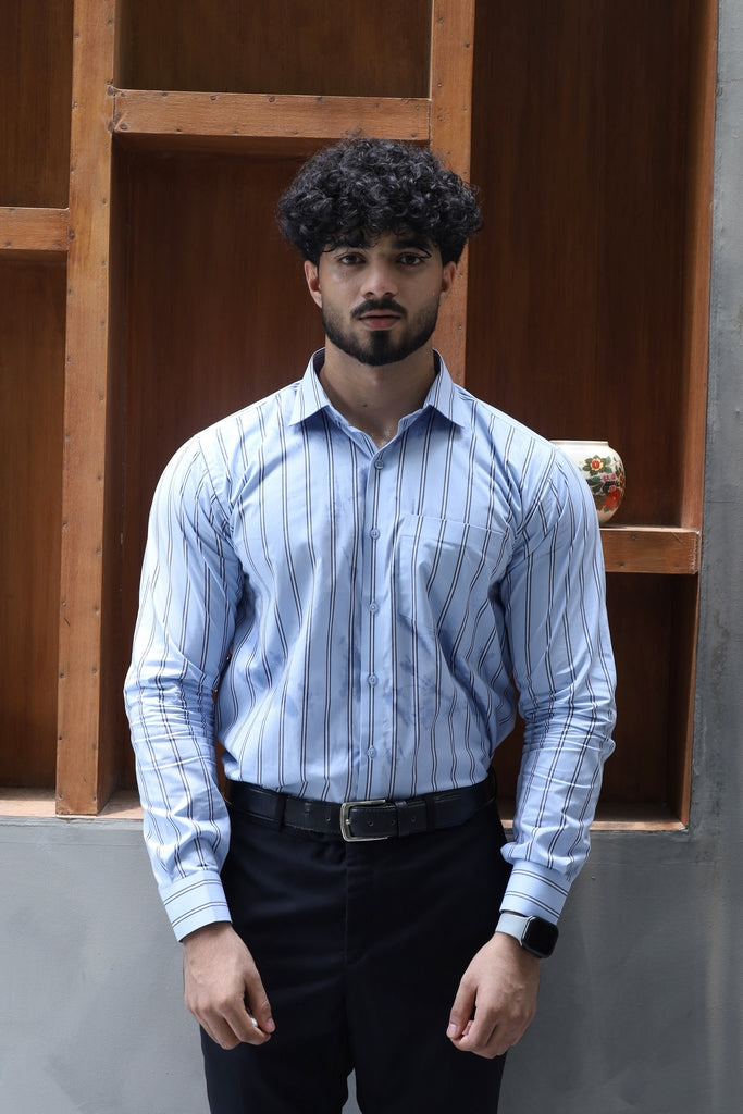 Men’s Light Blue Vertical Striped Formal Shirt