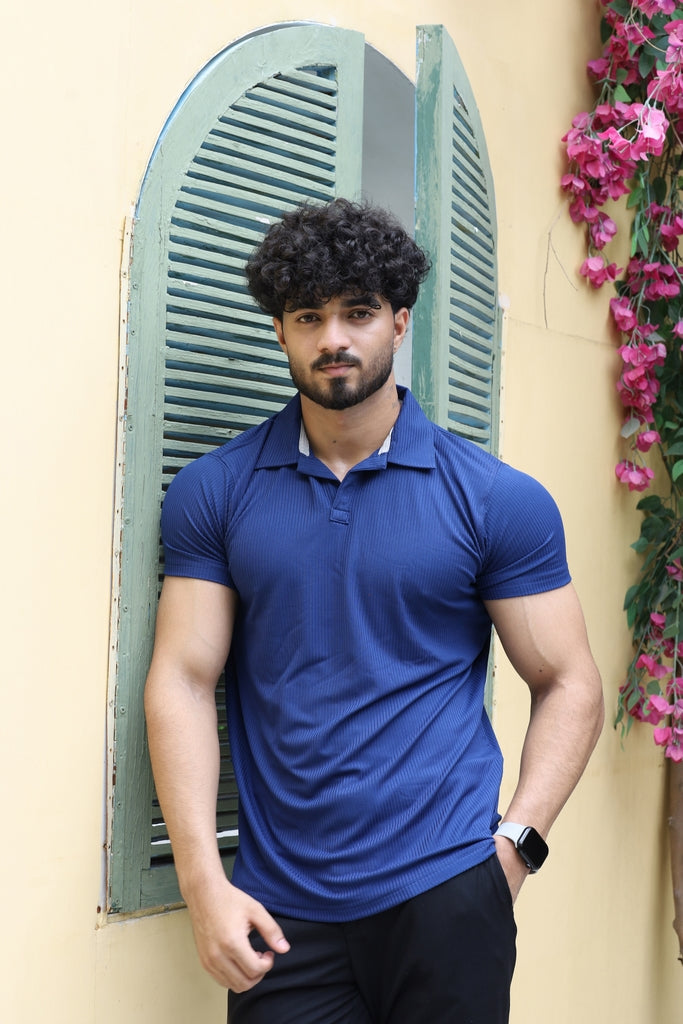 Men’s Royal Blue Textured Ribbed Polo Shirt