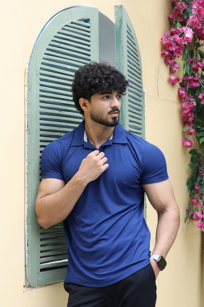 Men’s Royal Blue Textured Ribbed Polo Shirt