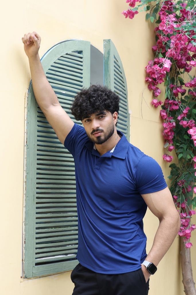 Men’s Royal Blue Textured Ribbed Polo Shirt