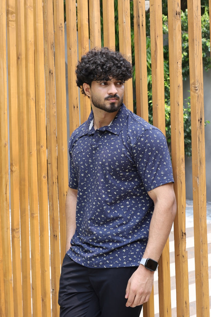 Men’s Navy Blue Floral Printed Polo Shirt
