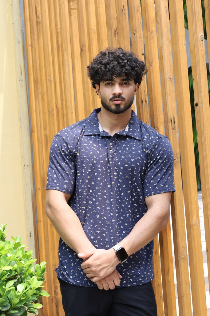 Men’s Navy Blue Floral Printed Polo Shirt