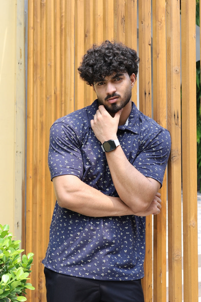 Men’s Navy Blue Floral Printed Polo Shirt