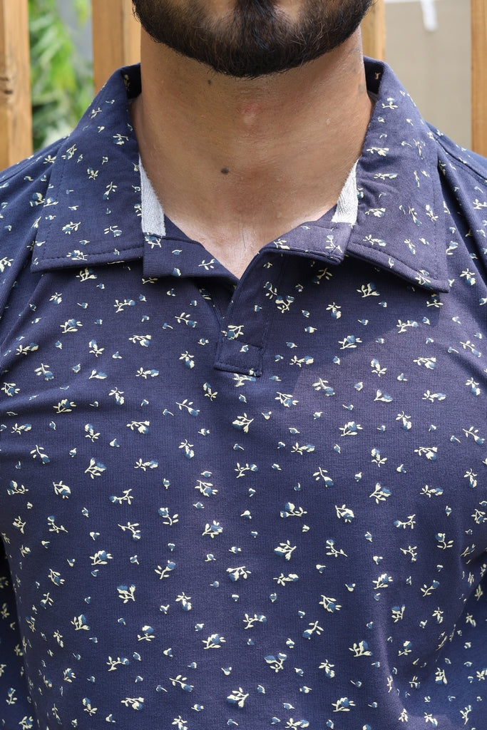 Men’s Navy Blue Floral Printed Polo Shirt