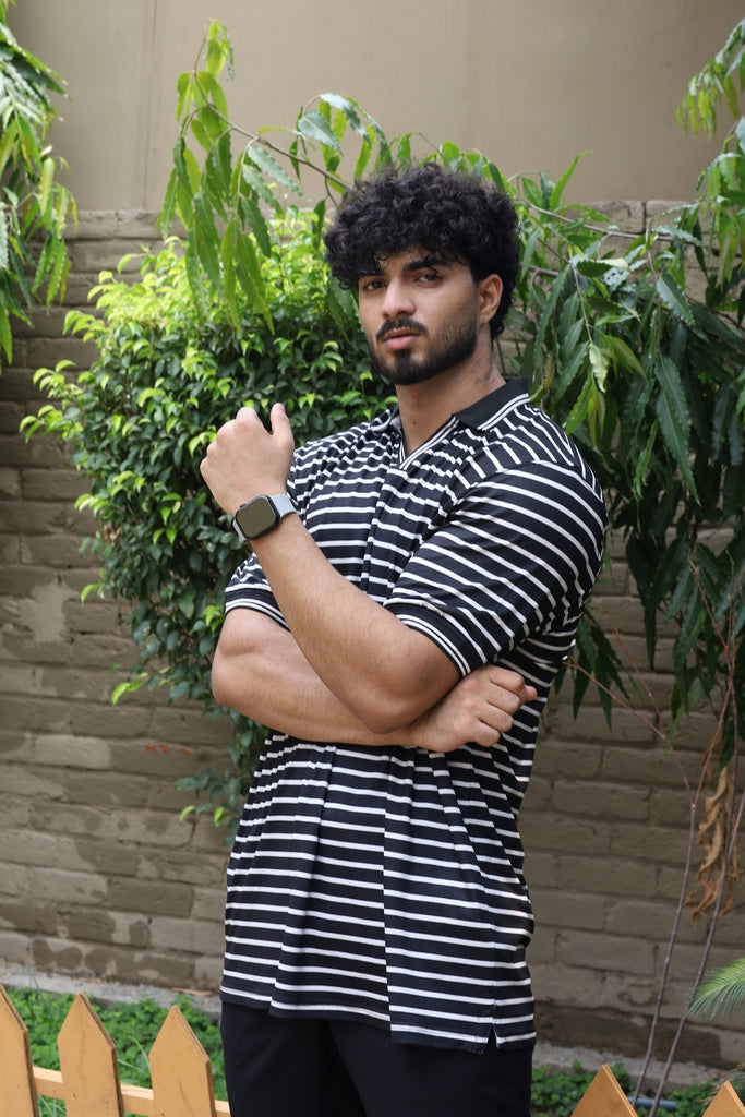 Men’s Black & White Striped V-Neck Polo Shirt