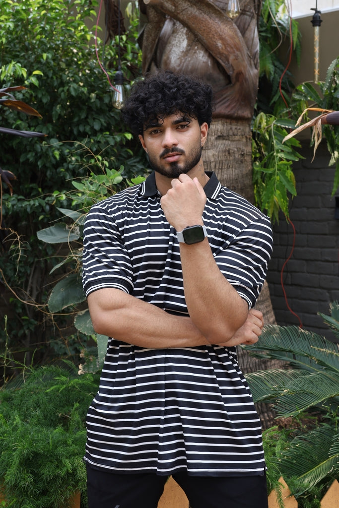 Men’s Black & White Striped V-Neck Polo Shirt