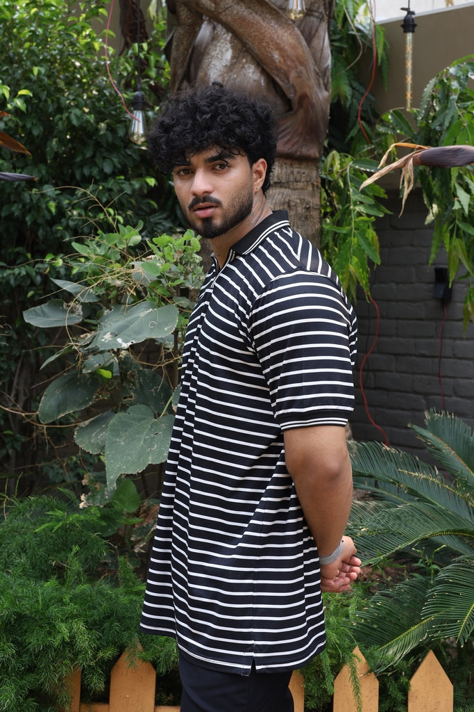 Men’s Black & White Striped V-Neck Polo Shirt