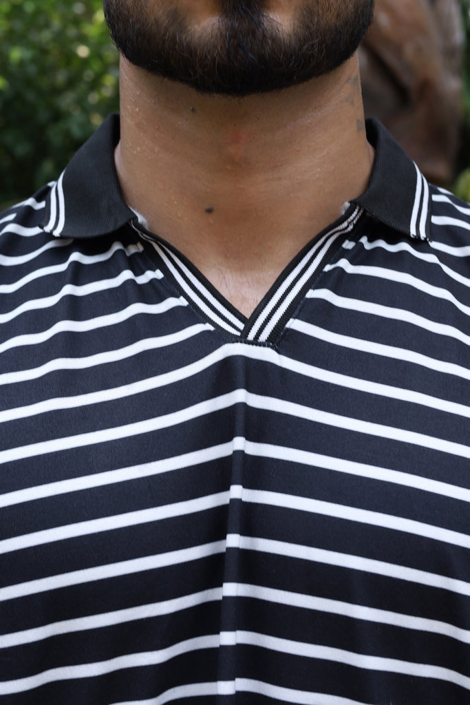 Men’s Black & White Striped V-Neck Polo Shirt