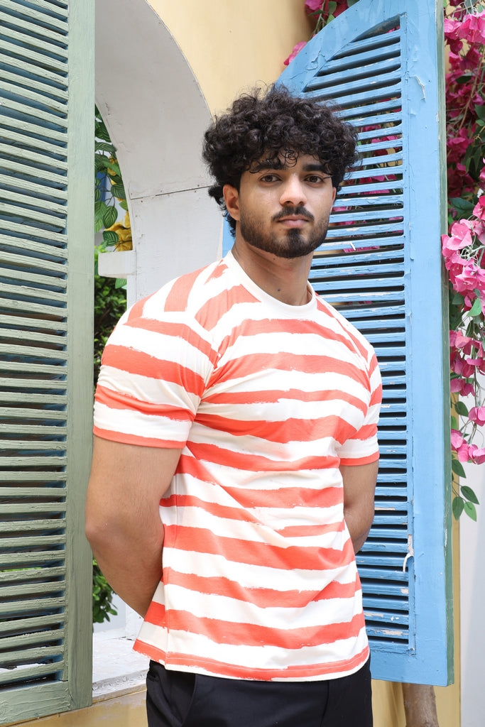 Men’s Coral & Cream Striped T-Shirt
