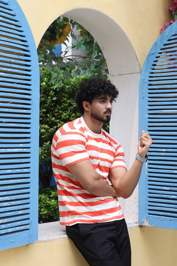 Men’s Coral & Cream Striped T-Shirt