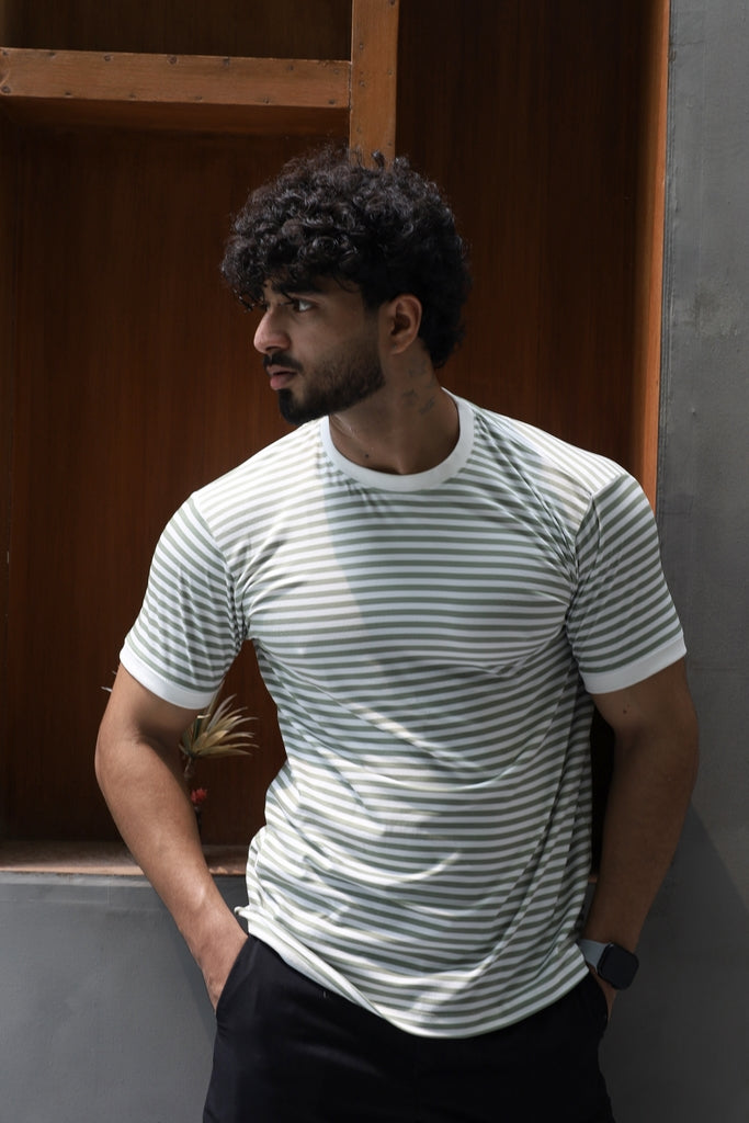 Men’s Sage Green & White Striped T-Shirt