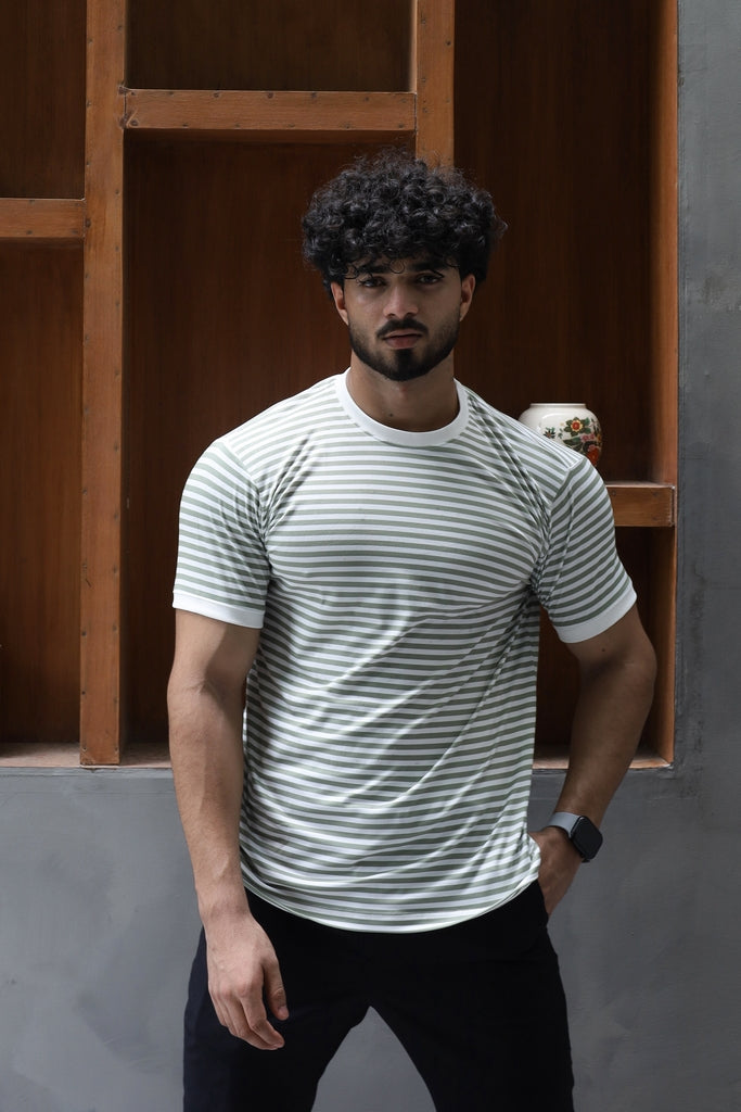 Men’s Sage Green & White Striped T-Shirt