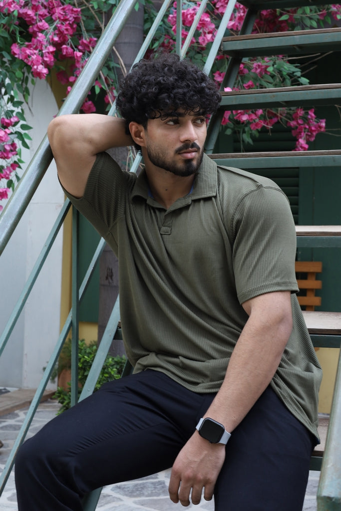 Men’s Olive Green Textured Ribbed Polo Shirt