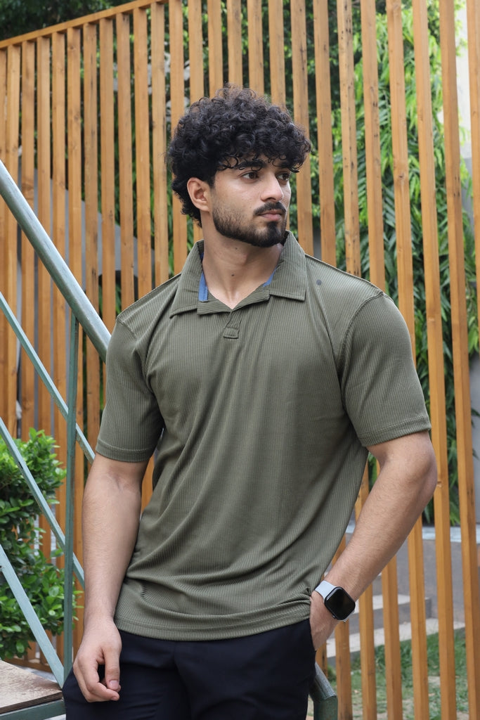 Men’s Olive Green Textured Ribbed Polo Shirt