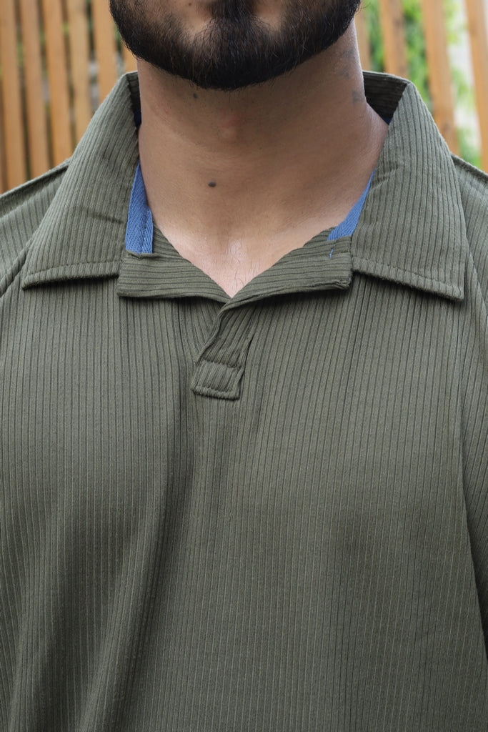 Men’s Olive Green Textured Ribbed Polo Shirt
