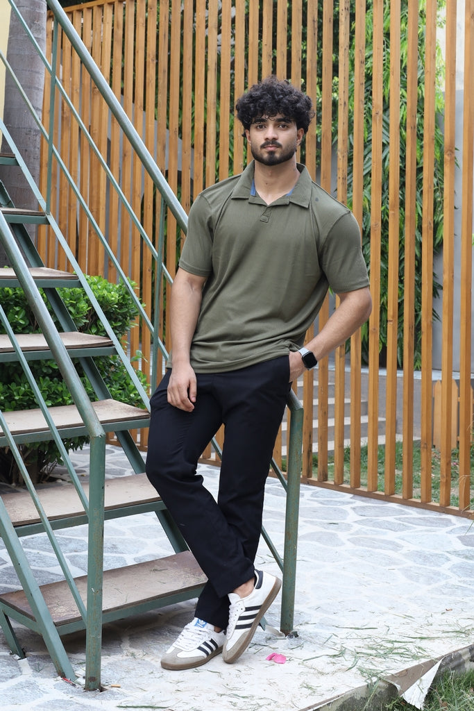 Men’s Olive Green Textured Ribbed Polo Shirt
