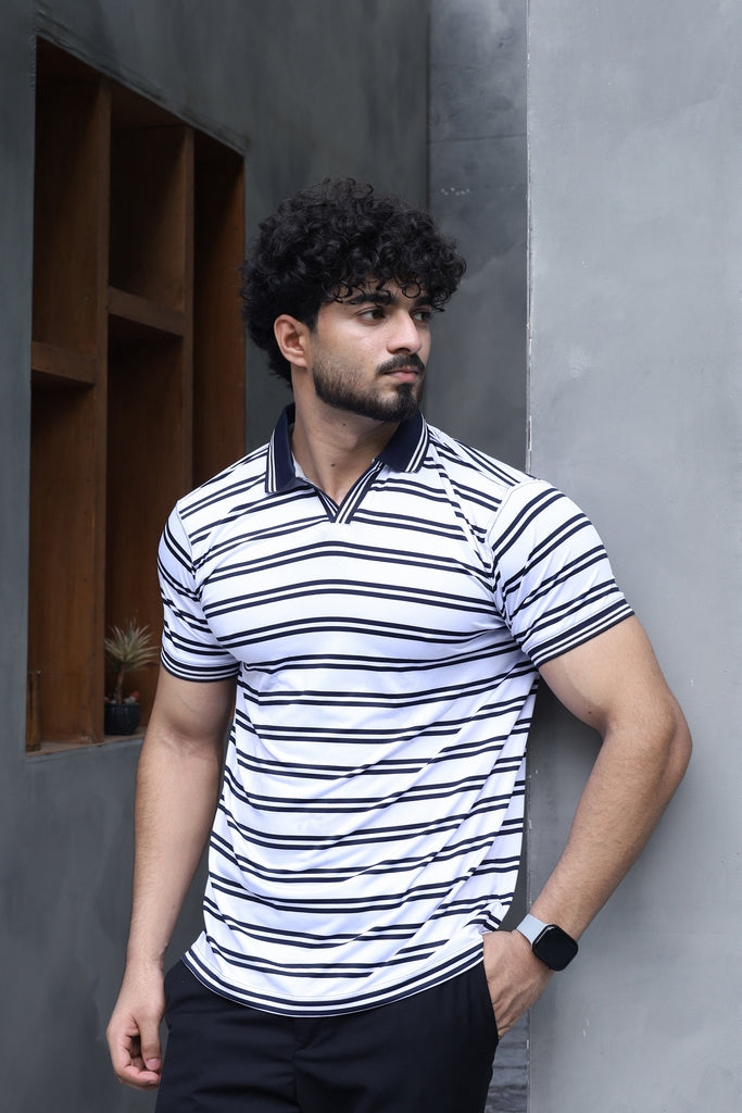 Men’s White & Black Striped V-Neck Polo Shirt