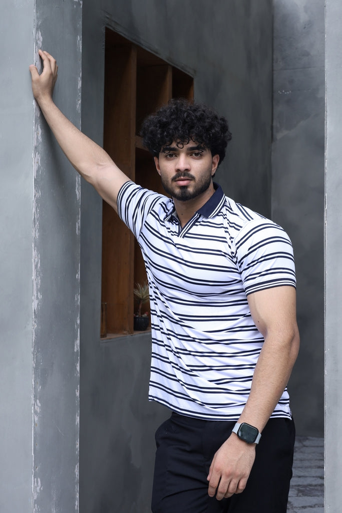 Men’s White & Black Striped V-Neck Polo Shirt