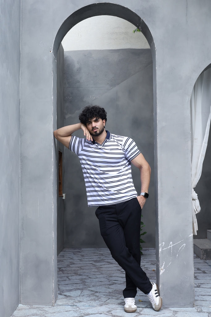 Men’s White & Black Striped V-Neck Polo Shirt
