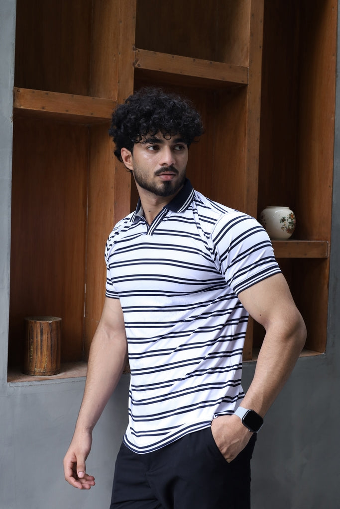 Men’s White & Black Striped V-Neck Polo Shirt